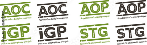 AOP, appellation d'origine protégée - AOC, appellation d'origine contrôlée - IGP, indication géographique protégée - STG, spécialité traditionnnelle garantie