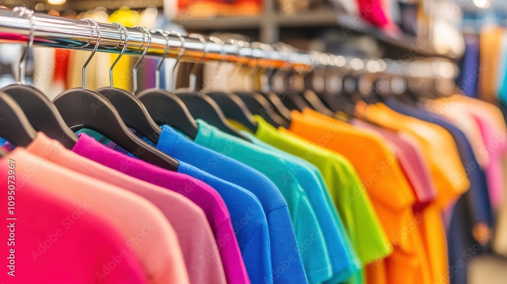 A colorful display of t-shirts hanging on a rack in a retail store. A colorful display of t-shirts hanging on a rack in a retail store.