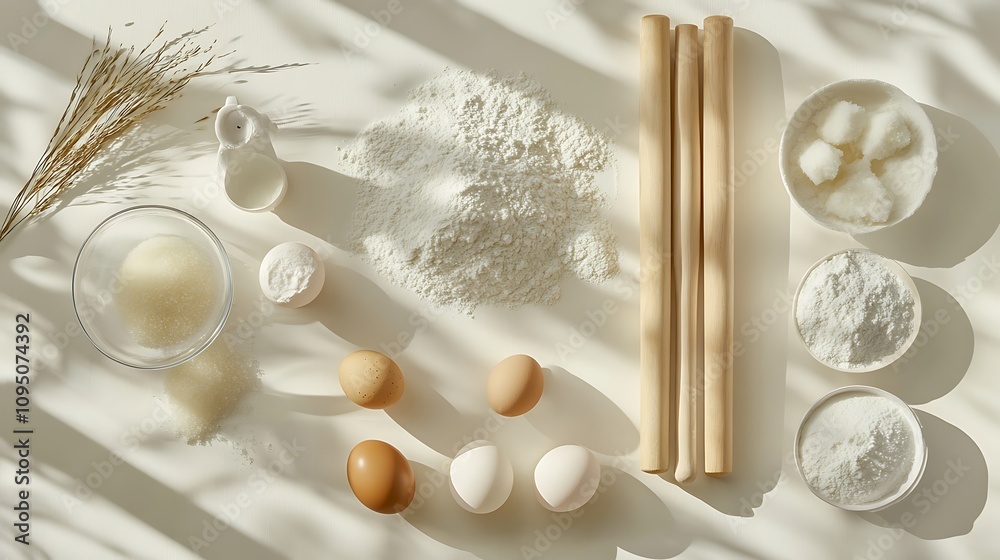 A minimalist flat lay featuring flour, sugar, eggs, and rolling pins arranged on a seamless white background, with soft shadows and clean lines creating a modern aesthetic, hd quality, fresh tones. A minimalist flat lay featuring flour, sugar, eggs, and rolling pins arranged on a seamless white background, with soft shadows and clean lines creating a modern aesthetic, hd quality, fresh tones.