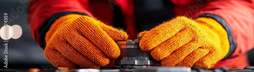 Close-up of hands in protective gloves working with machinery in an industrial setting. photo