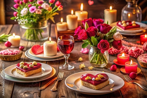 Romantic Dinner Setting for Valentine's Day with Heart-Shaped Desserts, Fresh Flowers, and Candles, Perfect for Celebrating Love and Happiness with Your Partner