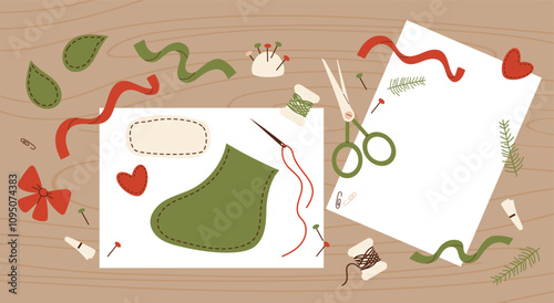 Hobby handmade sewing Xmas stocking fabric toy. Christmas crafting scene with fabric, scissors, thread, blank, ribbons and sewing materials arranged on wooden surface. Vector illustration