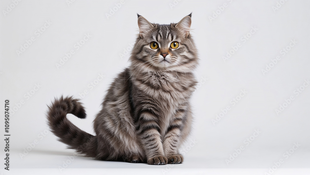 Elegant gray tabby cat with a fluffy coat, artistic pose, silent. Elegant gray tabby cat with a fluffy coat, artistic pose, silent.