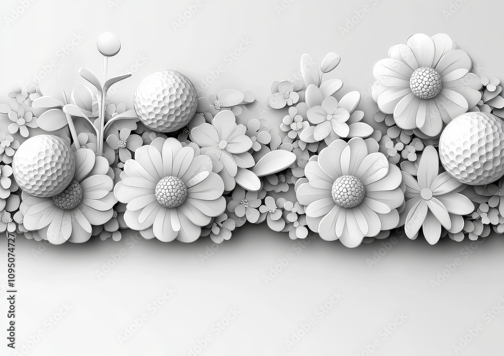 Golf Balls and Floral Art Timeless Elegance, White Flowers, Botanic Pattern, 3D Decorative Golf Theme, Intricate Design, Elegance in Textured White Relief Art Golf Balls and Floral Art Timeless Elegance, White Flowers, Botanic Pattern, 3D Decorative Golf Theme, Intricate Design, Elegance in Textured White Relief Art
