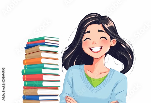 Smiling girl and a big pile of books. Education, reading, knowledge concept.