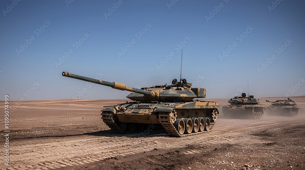 Formation: A formation of tanks moving across a barren landscape. Formation: A formation of tanks moving across a barren landscape.