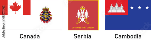 Army flags in the Canada, Serbia and Cambodia vector illustration.