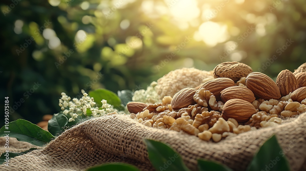 A natural and earthy display of walnuts, pecans, hazelnuts, and almond meal, scattered artfully on a burlap cloth, with a backdrop of greenery and soft morning light enhancing the textures, A natural and earthy display of walnuts, pecans, hazelnuts, and almond meal, scattered artfully on a burlap cloth, with a backdrop of greenery and soft morning light enhancing the textures,