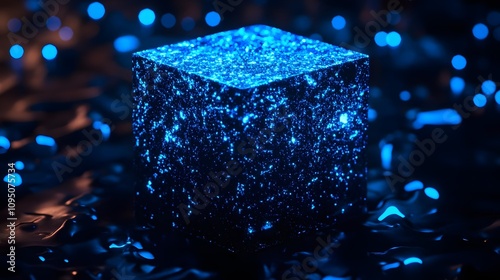 tecknolocigal blue cube with blue neon lights on black background with many dots. Blue Sci-fi cube on black background. Digital cube. 3d rendering. Abstract cube with glowing particles. Geometric lum photo