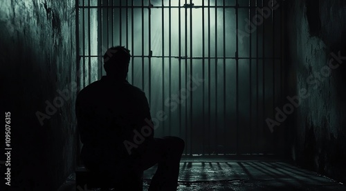 A silhouette of a man sitting in prison, in black and white