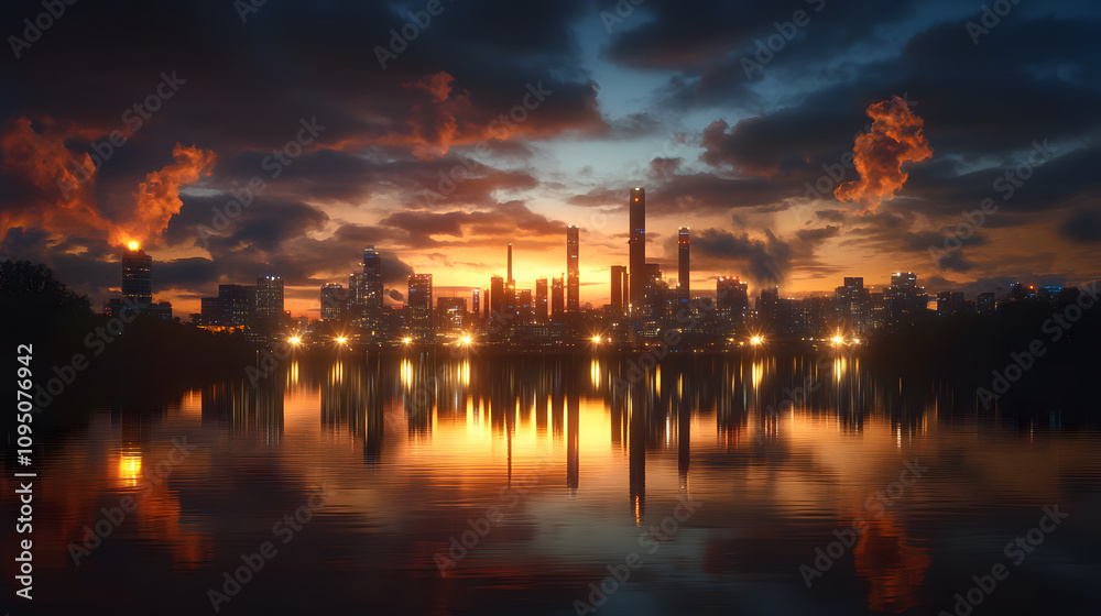 Stunning sunset over city skyline reflecting on water Stunning sunset over city skyline reflecting on water