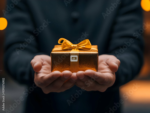 Photo Golden Gift Box, Ribbon, Hands, Giving, Present, Surprise photo