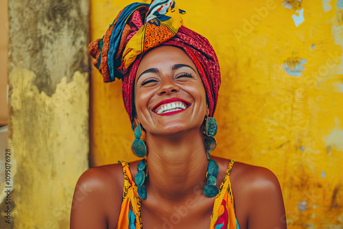 Happy Cuban woman on a yellow wall with a headscarf