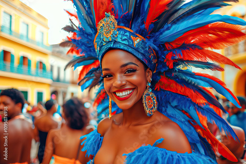 Happy Brazilian woman parading at a carnival party photo