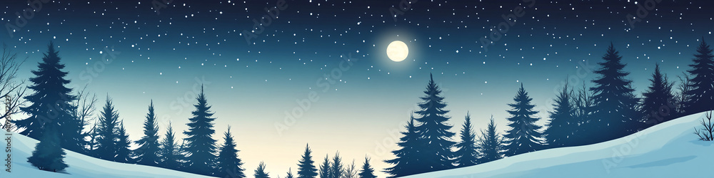 Panaromic view of evergreen pine tree forest at night moon in the sky snowing over fir in winter christmass banner with copy space for text new year celebrations Panaromic view of evergreen pine tree forest at night moon in the sky snowing over fir in winter christmass banner with copy space for text new year celebrations