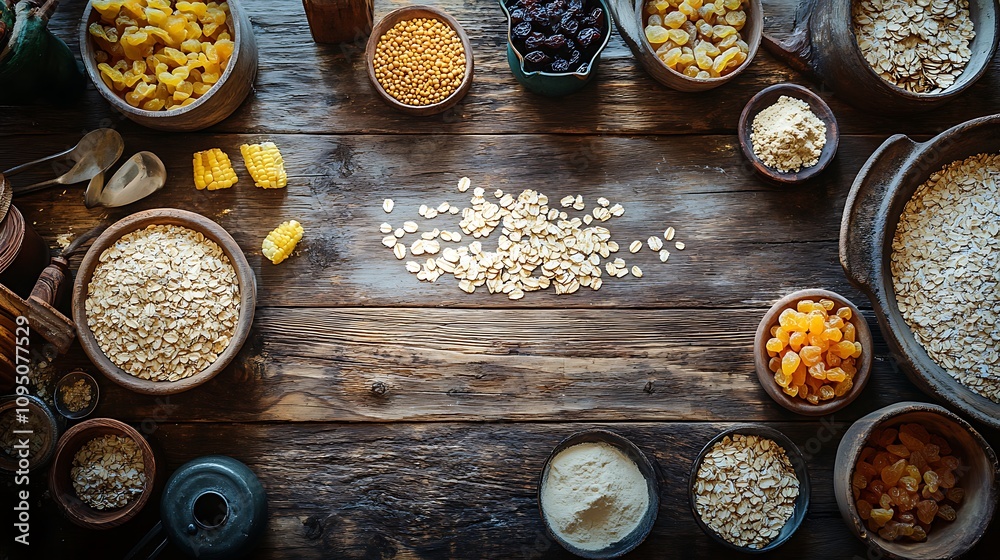 A rustic flat lay featuring molasses, whole oats, cornmeal, and dried fruits, arranged on a worn wooden table with vintage measuring cups, soft natural light streaming through a nearby window, A rustic flat lay featuring molasses, whole oats, cornmeal, and dried fruits, arranged on a worn wooden table with vintage measuring cups, soft natural light streaming through a nearby window,
