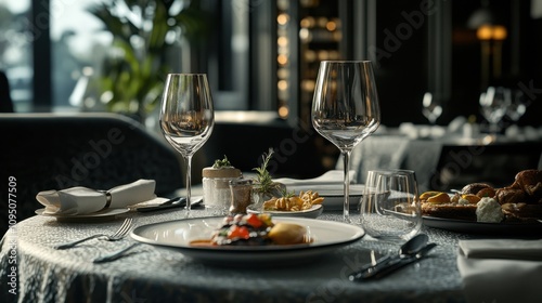 Elegant restaurant setup with wine glasses and appetizers for a romantic dinner