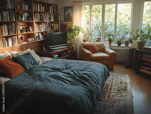 Cozy Bedroom Photo Interior Design Bookcase Plants Sunlight Leather Armchair TV