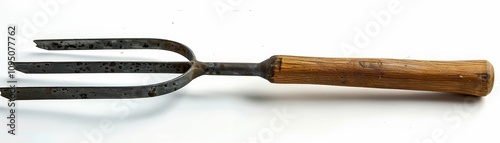 A vintage gardening fork with a wooden handle and metal prongs, ideal for loosening soil and cultivating plants.