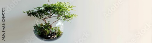 A hanging terrarium features a small tree surrounded by moss, showcasing a blend of nature and modern decor in a minimalist setting.