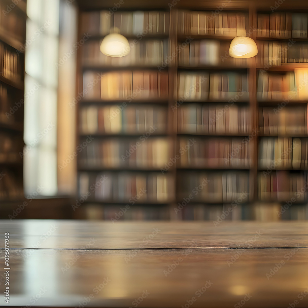 Photo Background - Empty Wooden Table Top and Blurred Bookshelf Library Photo Background - Empty Wooden Table Top and Blurred Bookshelf Library