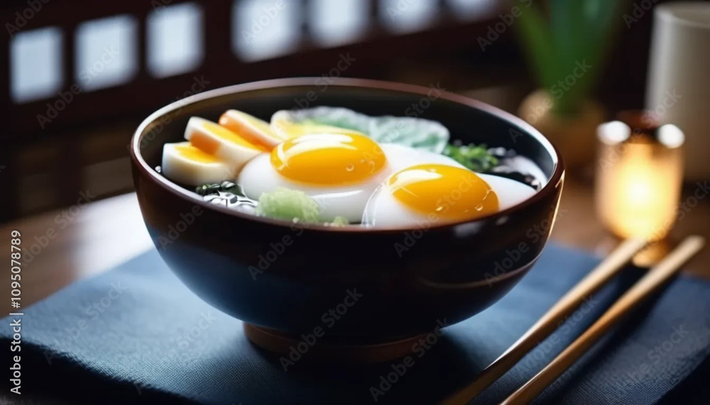 Japanese onsen tamago eggs. Close up. Japanese onsen tamago eggs. Close up.