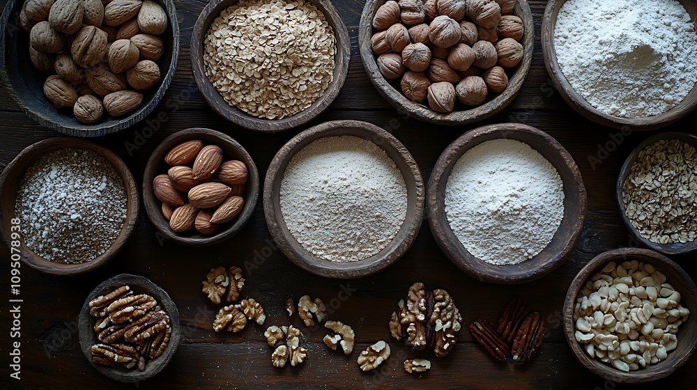 A rustic flat lay of walnuts, pecans, hazelnuts, and almond meal, carefully arranged in wooden bowls on a dark wooden table, surrounded by scattered nut shells and a dusting of flour, A rustic flat lay of walnuts, pecans, hazelnuts, and almond meal, carefully arranged in wooden bowls on a dark wooden table, surrounded by scattered nut shells and a dusting of flour,