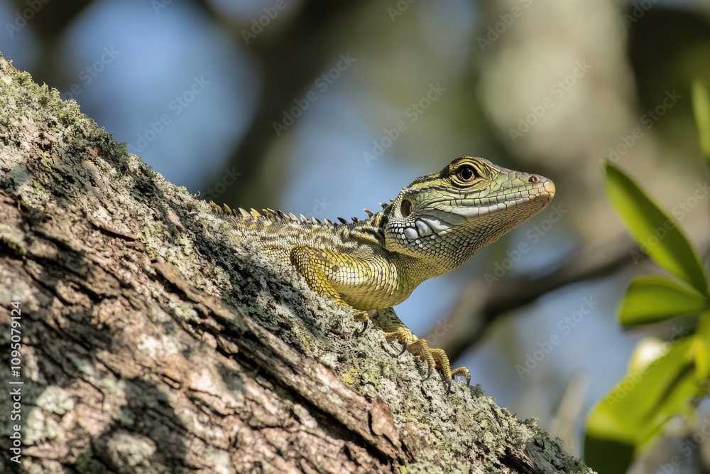 Fototapeta premium A lizard sits atop a tree branch, basking in the sun