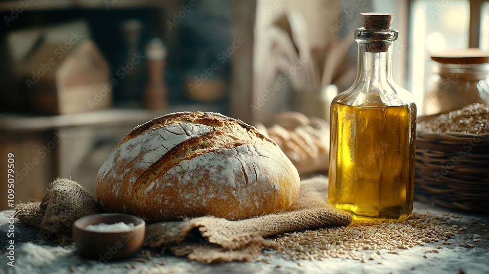A rustic kitchen scene showcasing whole wheat flour, rye flour, olive oil, and sea salt with a crusty bread loaf centerpiece, surrounded by scattered grains and a burlap cloth, A rustic kitchen scene showcasing whole wheat flour, rye flour, olive oil, and sea salt with a crusty bread loaf centerpiece, surrounded by scattered grains and a burlap cloth,