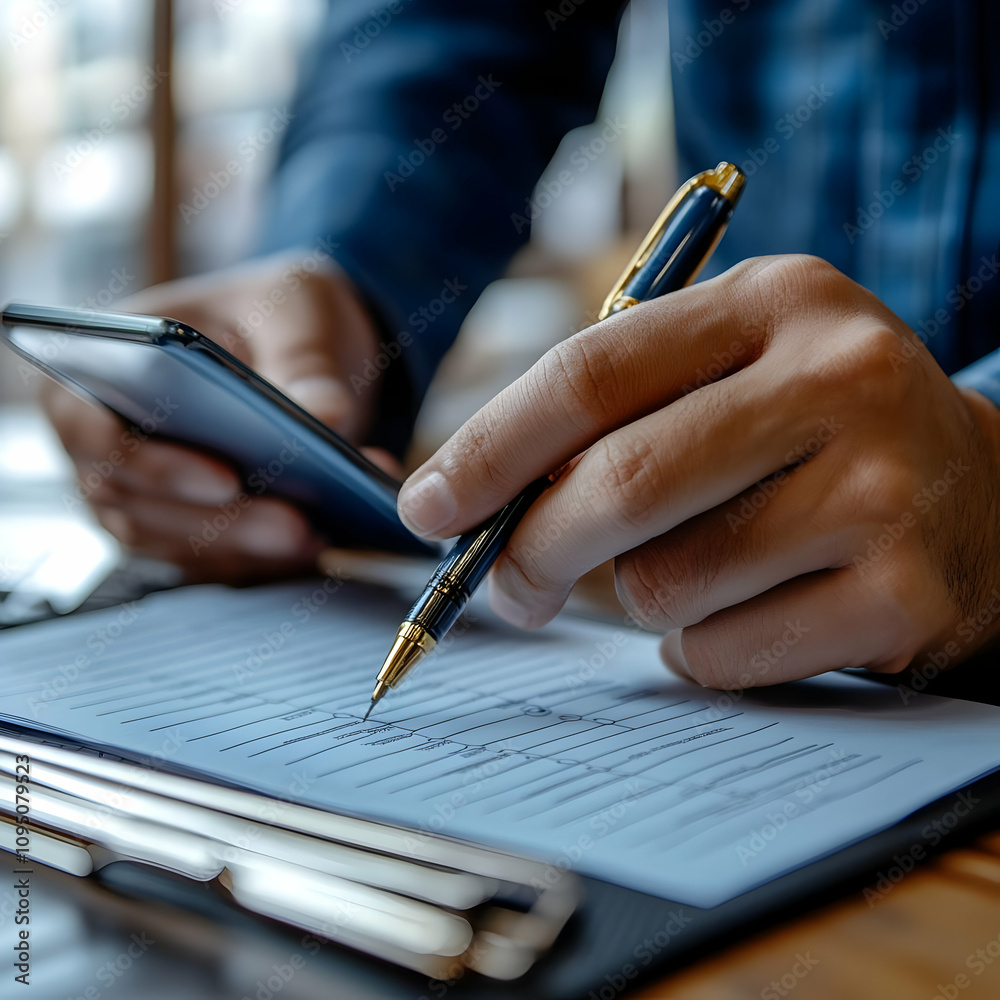 Photo Businessman Checking Smartphone and Writing Notes Photo Businessman Checking Smartphone and Writing Notes