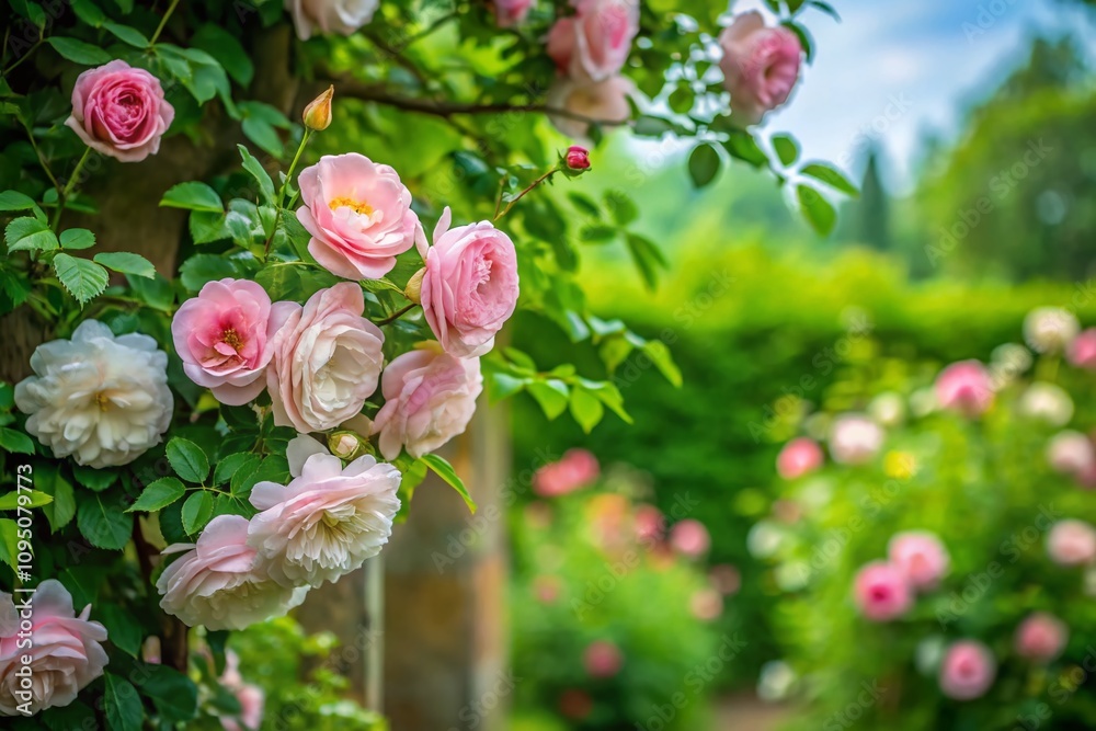 Serene Climbing Rose Bush in a Charming Country Garden with Lush Greenery and Soft Pastel Blooms, Perfect for Minimalist Photography Enthusiasts and Nature Lovers Serene Climbing Rose Bush in a Charming Country Garden with Lush Greenery and Soft Pastel Blooms, Perfect for Minimalist Photography Enthusiasts and Nature Lovers