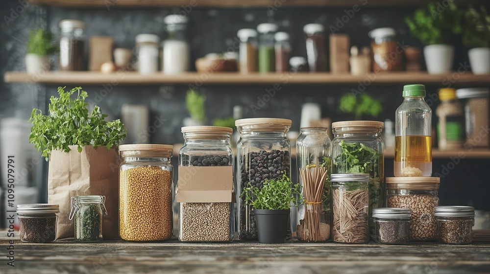 A rustic kitchen shelf displays jars filled with various spices, grains, and herbs, creating a vibrant and organized cooking space. A rustic kitchen shelf displays jars filled with various spices, grains, and herbs, creating a vibrant and organized cooking space.