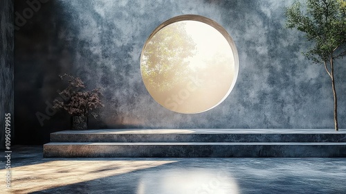 Minimalist Concrete Interior Design with Circular Window and Sunlight