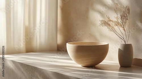 Simple Minimalist Interior Design with Stone Bowl and Vase