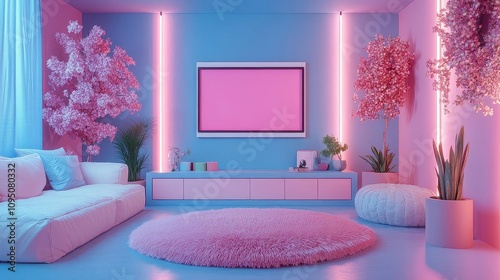 Decorating a Living Room with Pink and Blue Neon Lights and Fluffy Furniture