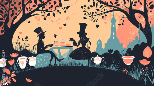 Minimalist background: a whimsical wonderland tea party scene with mad hatter, alice, and vintage silhouettes in a fabulous fairytale-inspired vector illustration. Whimsical Tea Party. Illustration