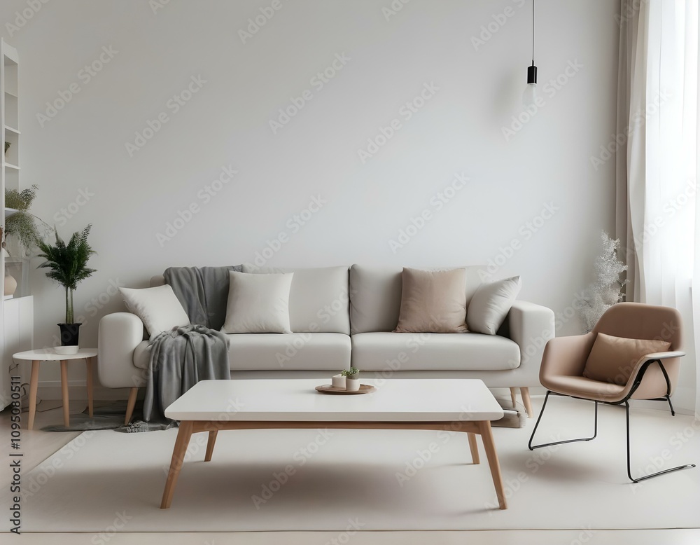 Interior of light living room with sofa and glucophone on table