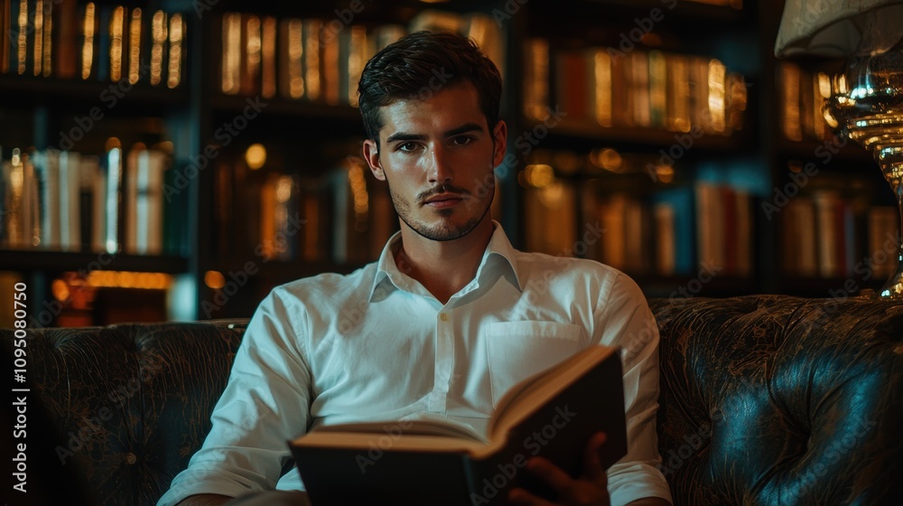 Thoughtful Young Man Reading a Book in a Cozy Library Surrounded by Shelves Filled with Literary Classics and Soft Ambient Lighting for a Peaceful Atmosphere Thoughtful Young Man Reading a Book in a Cozy Library Surrounded by Shelves Filled with Literary Classics and Soft Ambient Lighting for a Peaceful Atmosphere