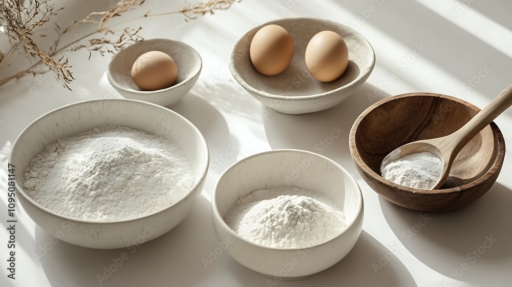 A top-down view of a minimalist baking setup, featuring white bowls with flour, sugar, eggs, and a wooden spoon on a smooth white counter, accentuated by soft sunlight streaming in from a window, A top-down view of a minimalist baking setup, featuring white bowls with flour, sugar, eggs, and a wooden spoon on a smooth white counter, accentuated by soft sunlight streaming in from a window,