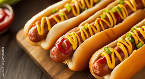 Quatro cachorros-quentes em uma tábua de madeira, cobertos com mostarda, ketchup e cebolinha verde picada. photo