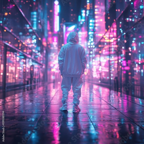 Neon Cityscape: A Lone Figure Stands Amidst the Vibrant Lights