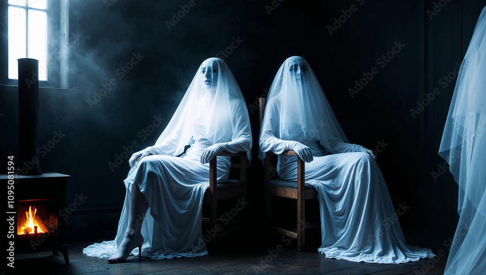 Two veiled figures in white dresses sitting beside warm stove. Two veiled figures in white dresses sitting beside warm stove.