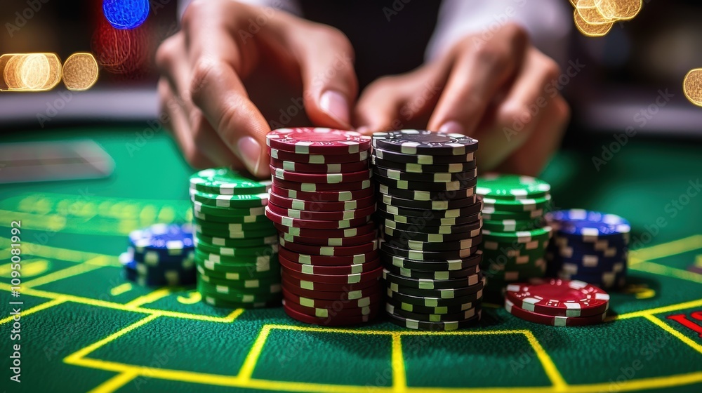 Close-Up View of Colorful Poker Chips Stacked on a Casino Table with Blurred Background, Representing Gambling, Strategy, and Casino Atmosphere in a Lively Setting Close-Up View of Colorful Poker Chips Stacked on a Casino Table with Blurred Background, Representing Gambling, Strategy, and Casino Atmosphere in a Lively Setting