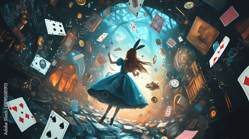 Alice falls down a rabbit hole surrounded by floating cards, coins, clocks and books in a wonderland. Whimsical Tea Party. Illustration