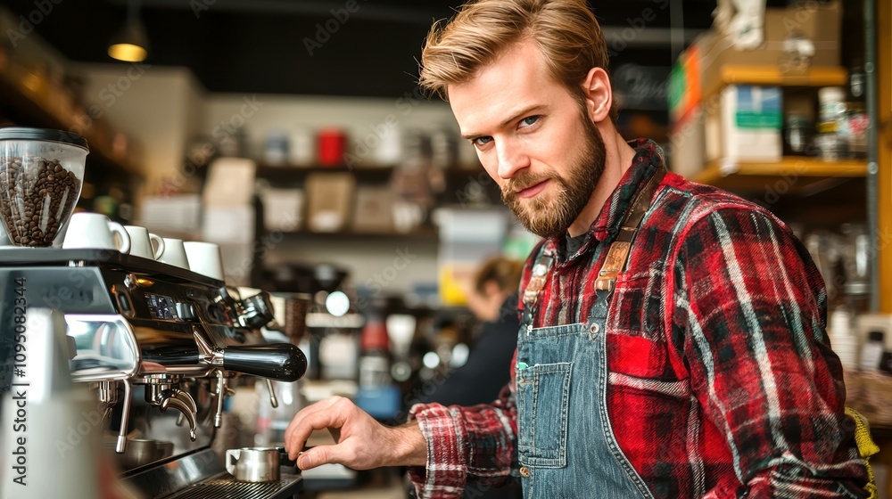 Young Barista Preparing Coffee Beverage in Cozy Café Setting with Warm Lighting and Rustic Decor, Capturing Passion for Craft and Customer Experience Young Barista Preparing Coffee Beverage in Cozy Café Setting with Warm Lighting and Rustic Decor, Capturing Passion for Craft and Customer Experience