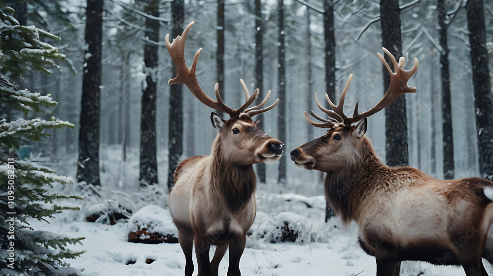A group of reindeer standing gracefully in a snowy forest, with frost-covered pine trees and soft snowfall blanketing the ground. A group of reindeer standing gracefully in a snowy forest, with frost-covered pine trees and soft snowfall blanketing the ground.