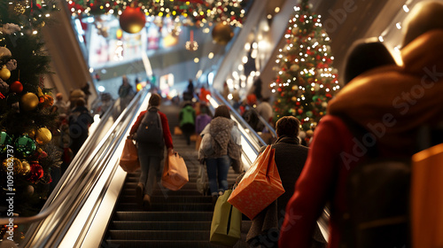 people using escalator inside of a mall sale sign over a shop holiday season shopping bags christmas decorations