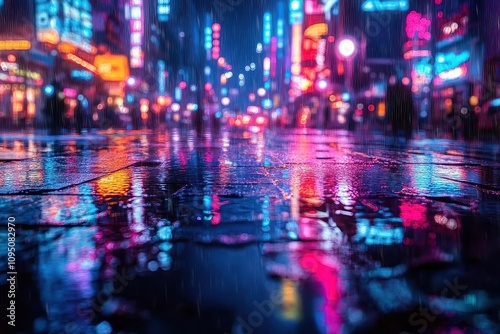 Neon Lights Reflecting in Wet Pavement During Rain