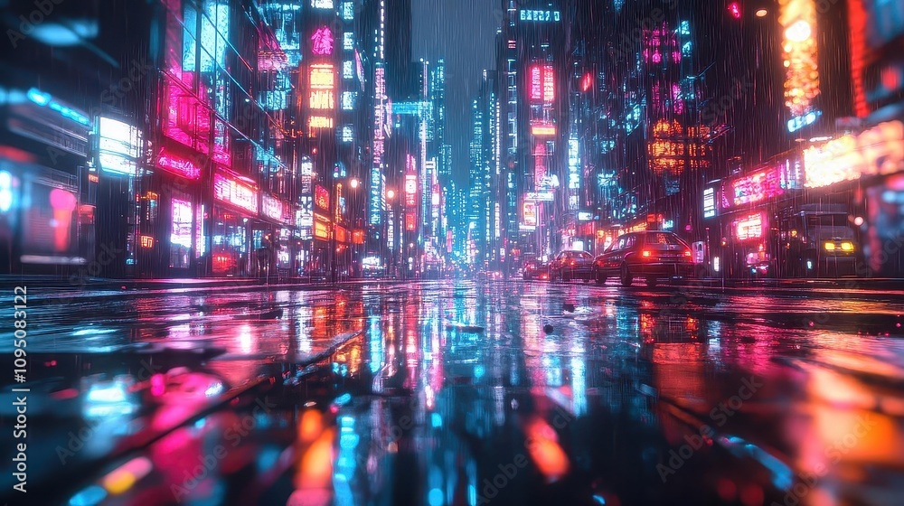Obraz premium Neon Cityscape Raining Night: A Cyberpunk Dream, Reflecting Lights and Streets