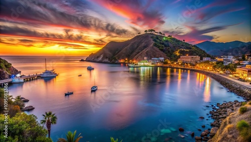 Serene Long Exposure Capture of Catalina Island's Tranquil Coastline at Dusk with Gentle Waves and Vibrant Sunset Colors Reflecting on the Water's Surface